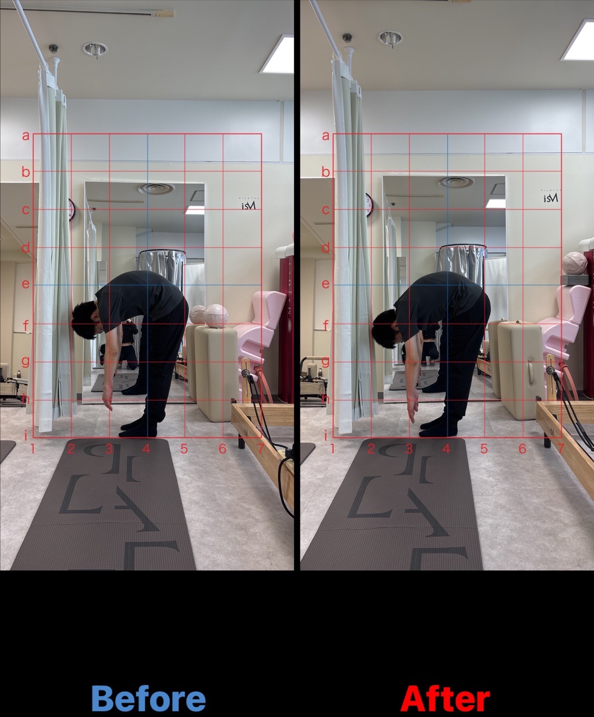 pilates isM（イズム）のレッスンで前屈の状態を横から撮影した写真